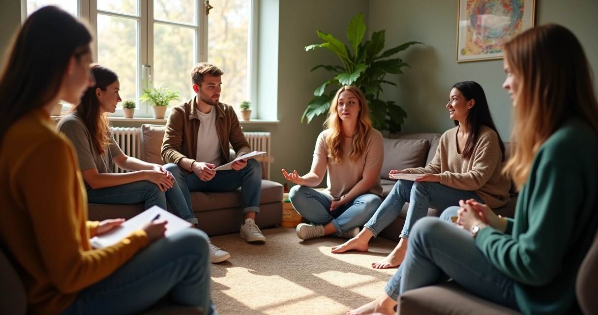 Grupo de jóvenes adultos sentados en círculo hablando sobre relaciones 
