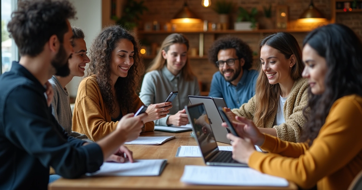 Personas probando aplicación móvil en una mesa