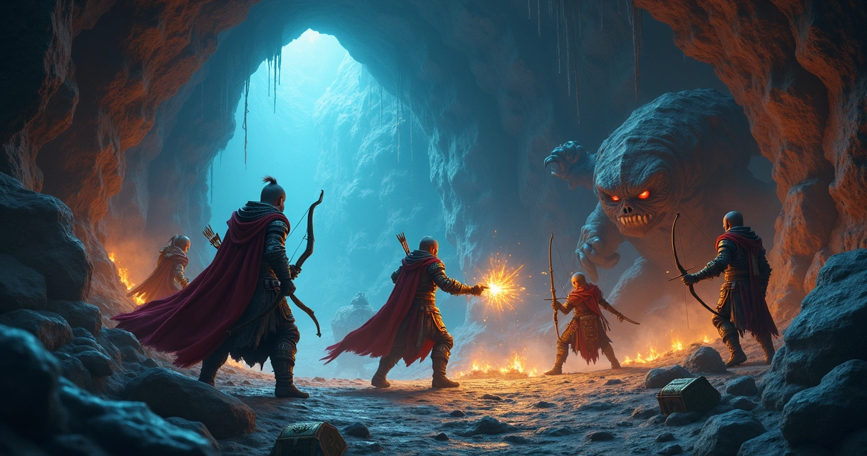 Grupo de jogadores de Tibia completando tasks juntos em caverna 