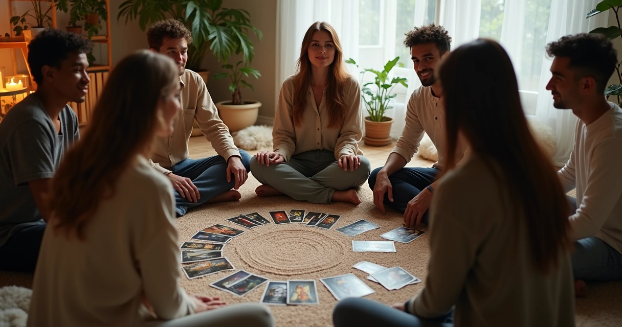 Grupo de pessoas sentadas em círculo participando de tiragem de tarot coletivo 