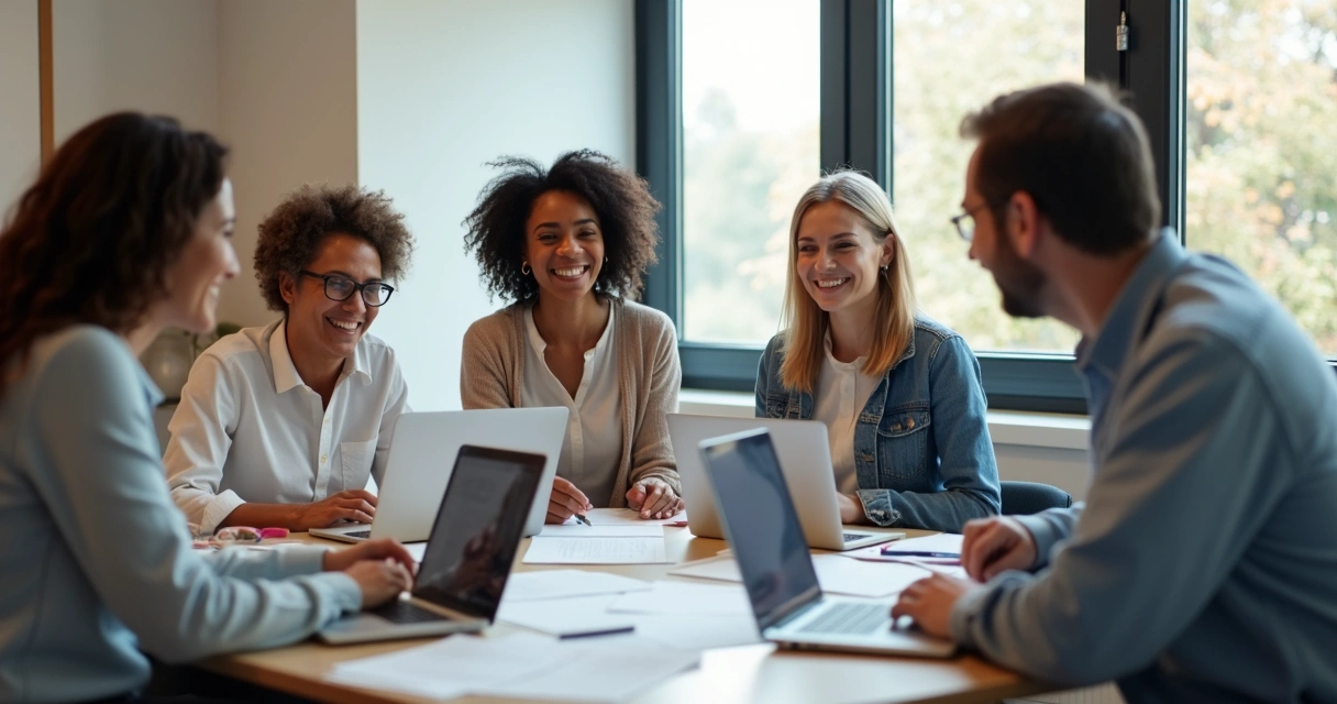 Equipo de trabajo sonriente y relajado colaborando en una sala de reuniones. 