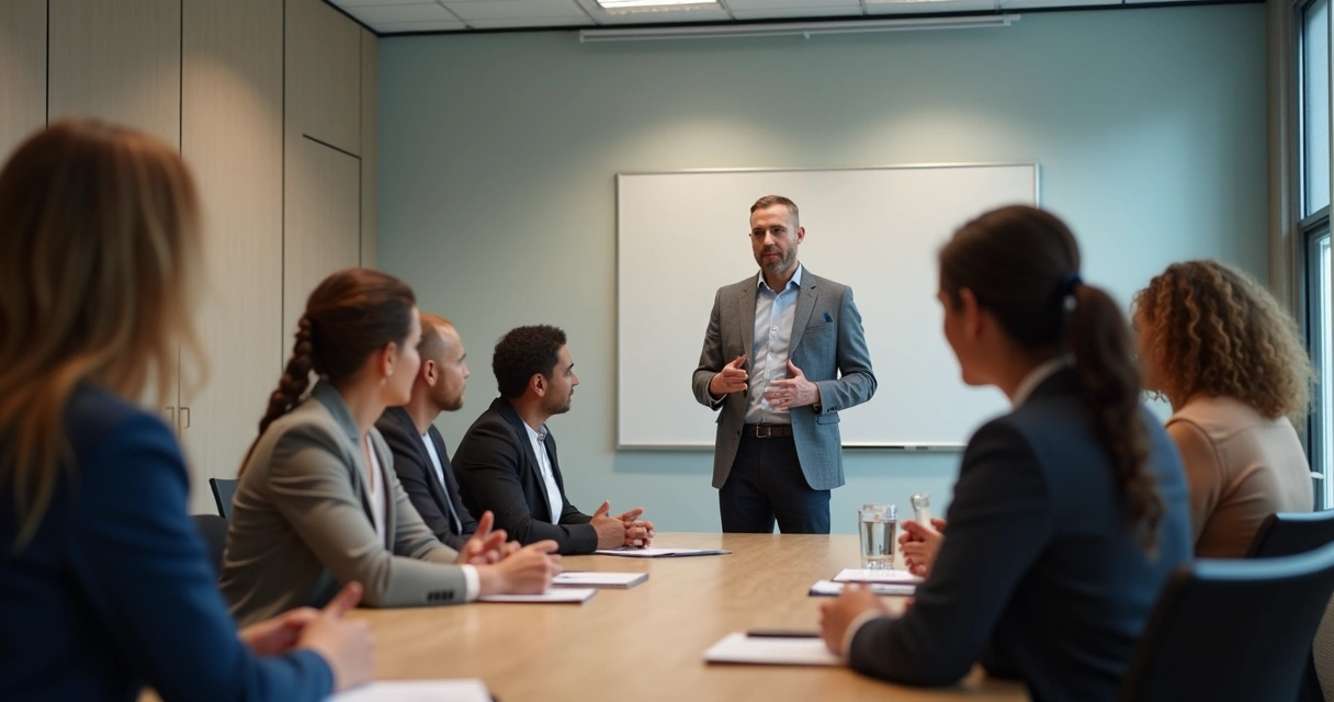 Equipo de trabajo reunido escuchando a una persona hablar 