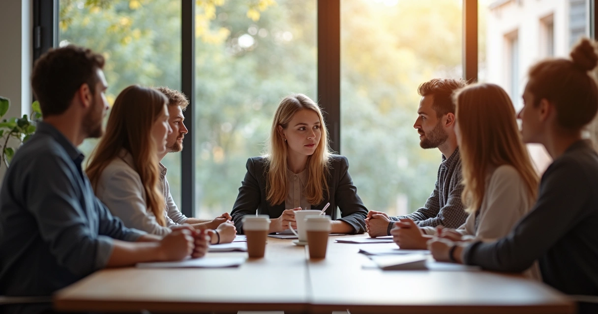 Equipo de trabajo reunido escuchando puntos de vista diferentes