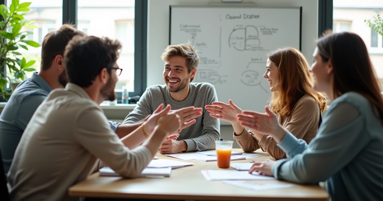 Personas en una reunión de trabajo compartiendo gestos de apoyo y sonrisas 