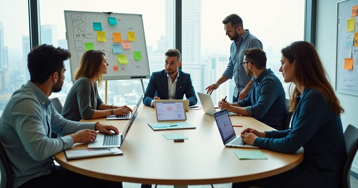 Equipe em reunião colaborativa em mesa redonda de escritório moderno 