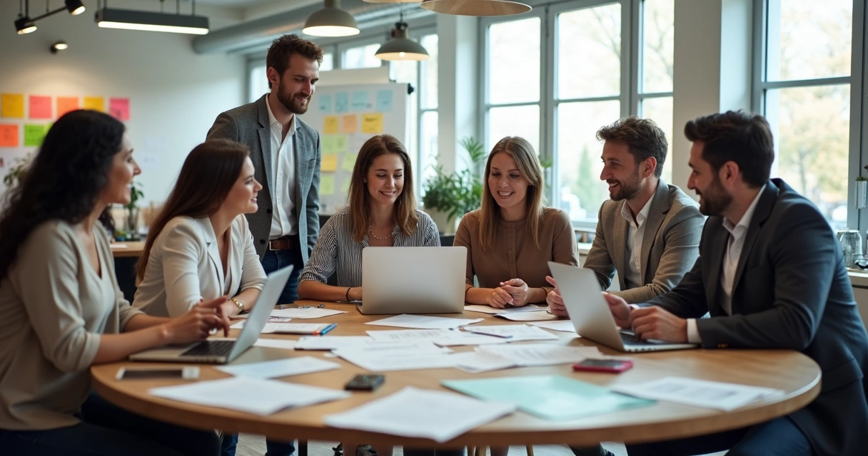 Equipe reunida ao redor de mesa redonda com laptops e papéis, discutindo ideias. 