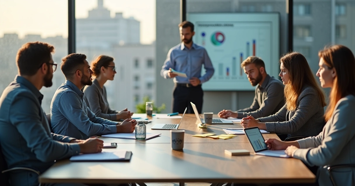 Grupo de trabalho em reunião com expressões tensas e desconexão sutil 