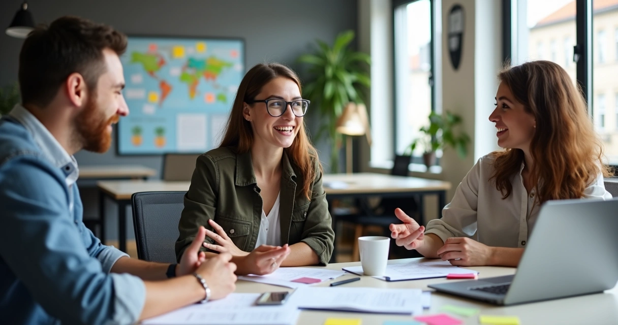 Três pessoas em reunião distribuindo tarefas de modo colaborativo em um ambiente moderno 