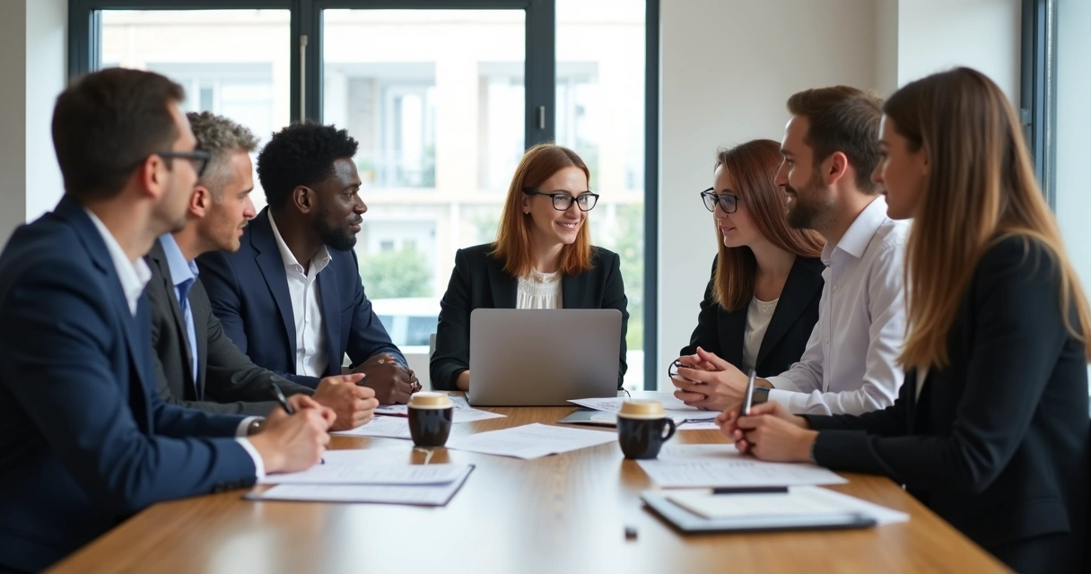 Grupo diverso de pessoas reunido em uma mesa de trabalho 