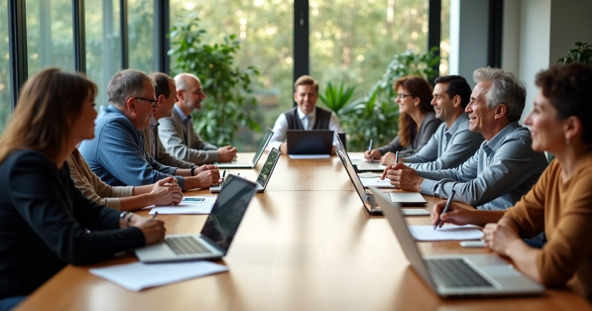 Equipe reunida em mesa, demonstrando escuta e respeito durante conversa 