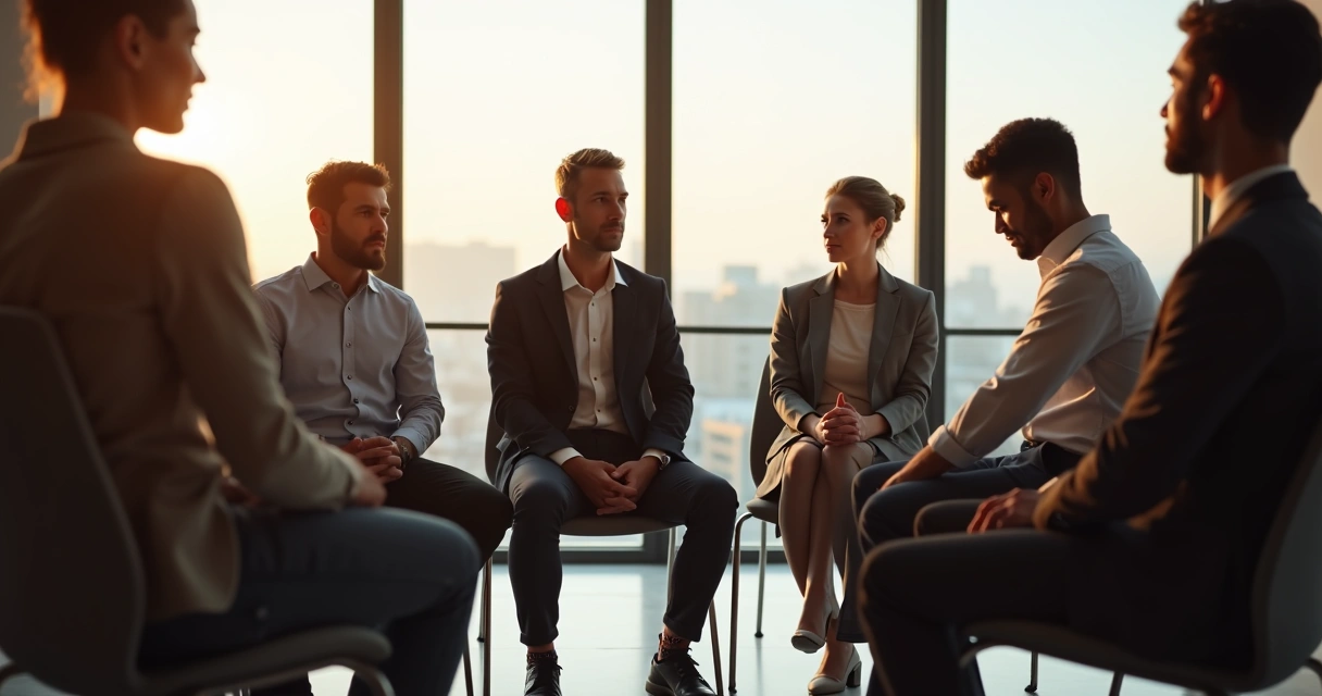 Grupo de trabalho em círculo em silêncio, todos olhando para baixo ou pensativos 