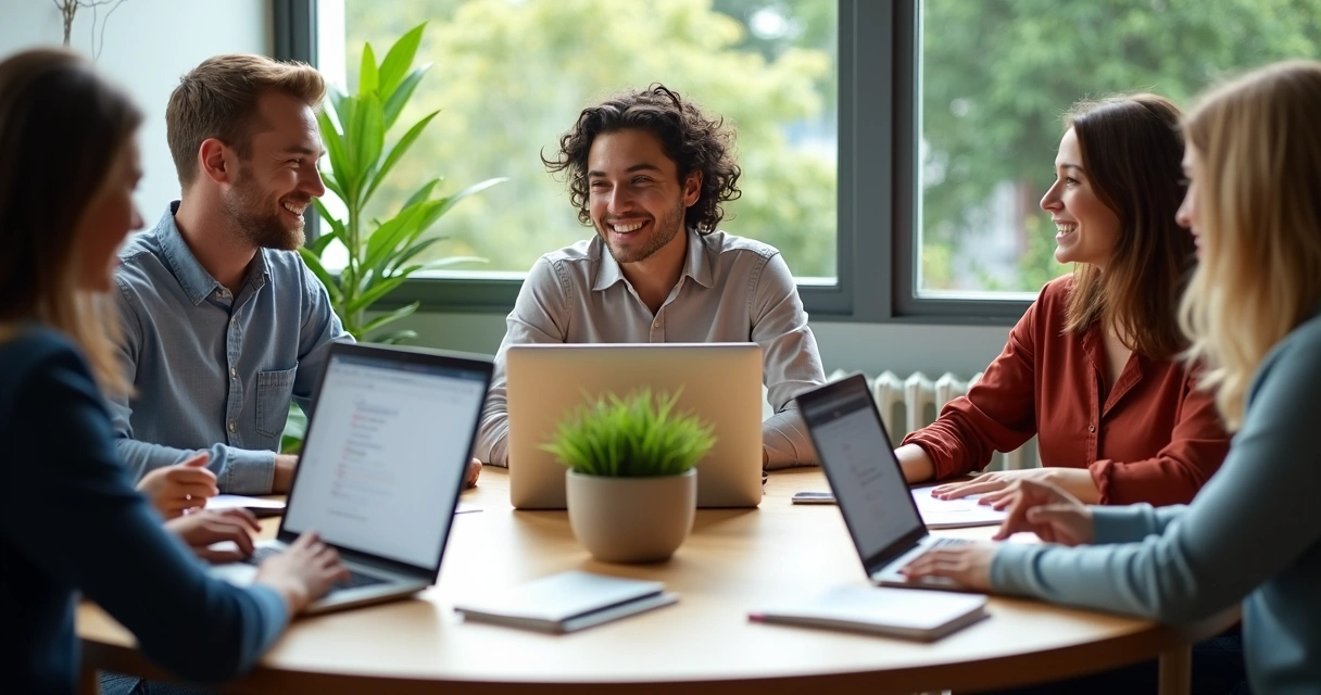 Grupo de trabalho em reunião sorrindo uns para os outros em mesa redonda 