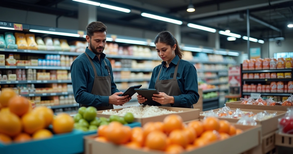 Equipe de trabalhadores organizando prateleiras de supermercado 