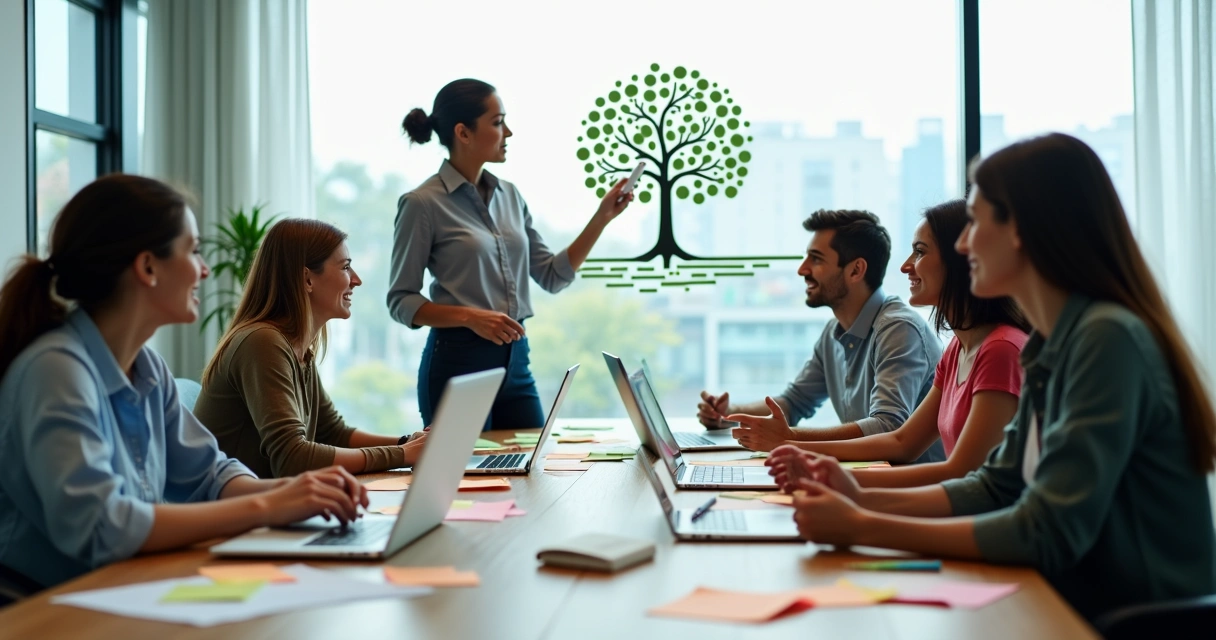 Equipe em círculo transformando conflito em cooperação em sala de reunião moderna 