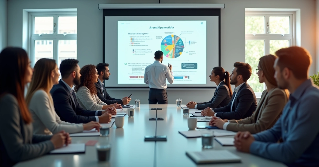 Grupo de funcionários participando de treinamento em sala de reunião com telão e anotações 