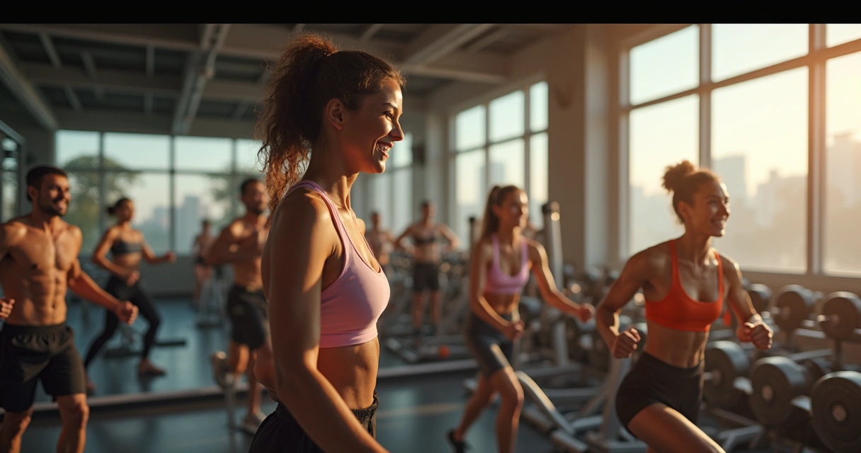Grupo de pessoas treinando juntos em academia, sorrindo 