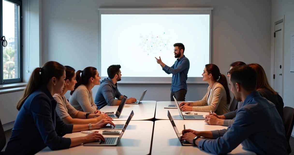 Participantes reunidos em sala de aula realizando atividade prática de marketing digital 