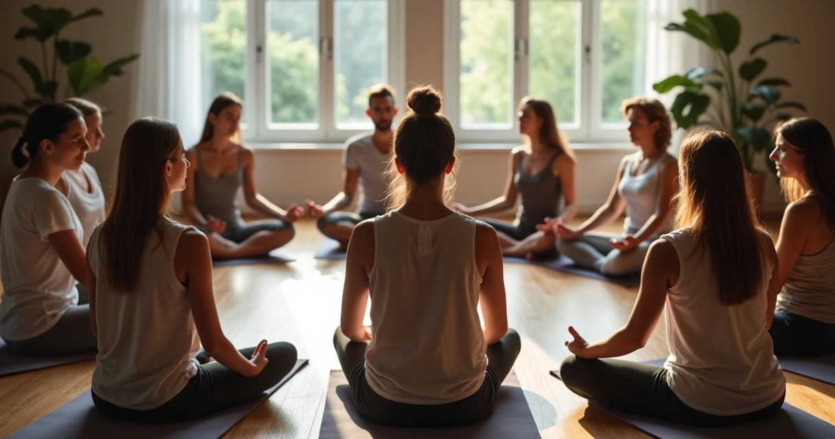 Pessoas sentadas em círculo praticando respiração consciente 