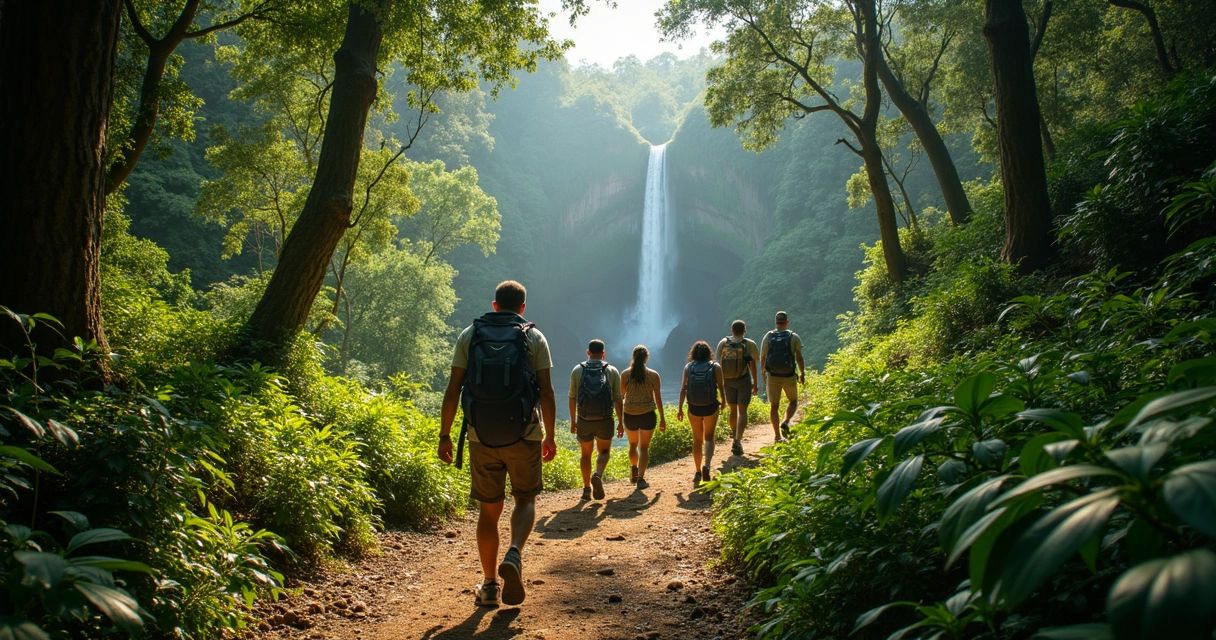 Grupo de aventureiros caminhando em trilha cercada por mata atlântica em direção à cachoeira