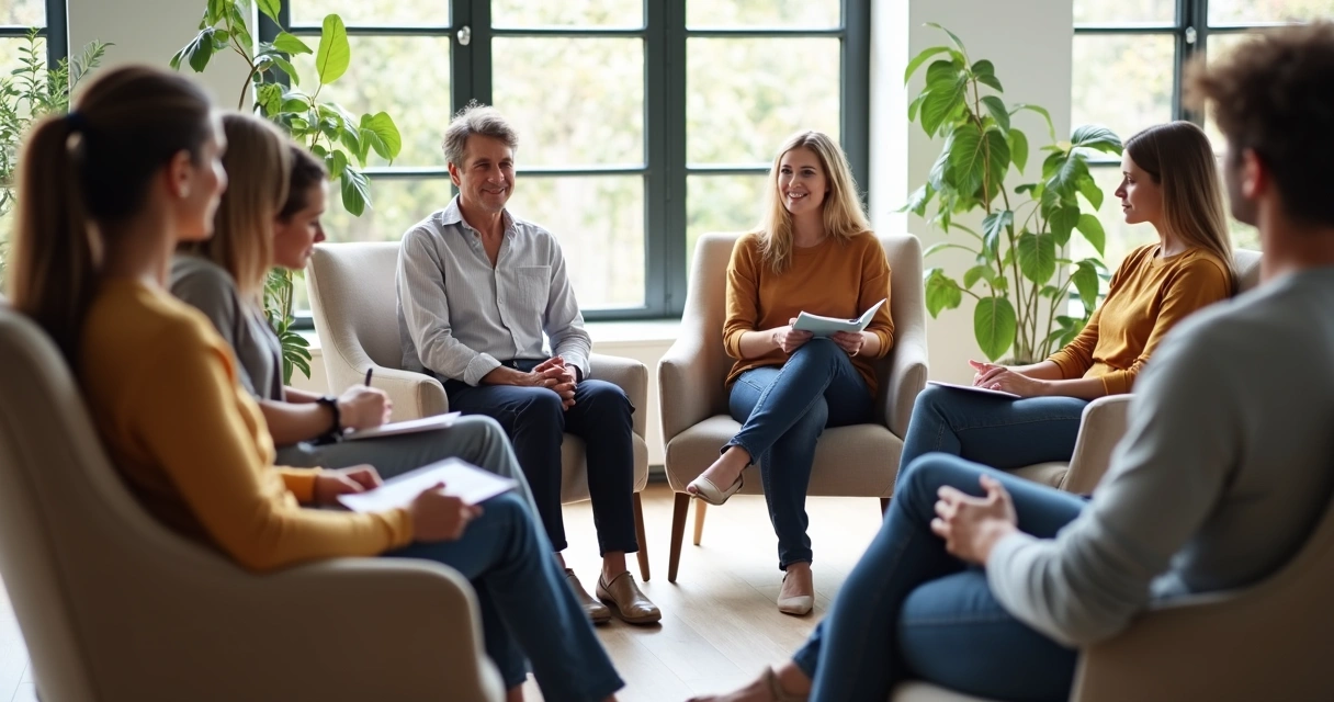 Grupo de adultos sentados em círculo, trocando feedback de forma equilibrada 