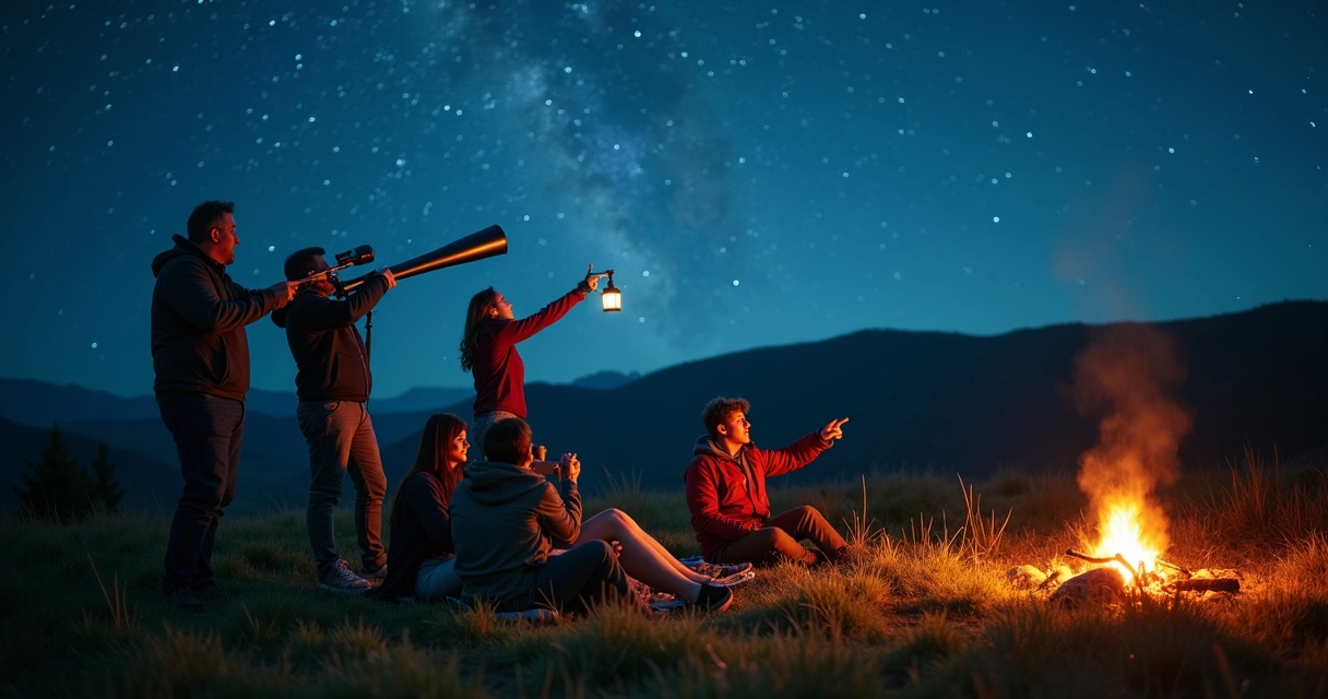 Grupo de pessoas observando estrelas com telescópio 