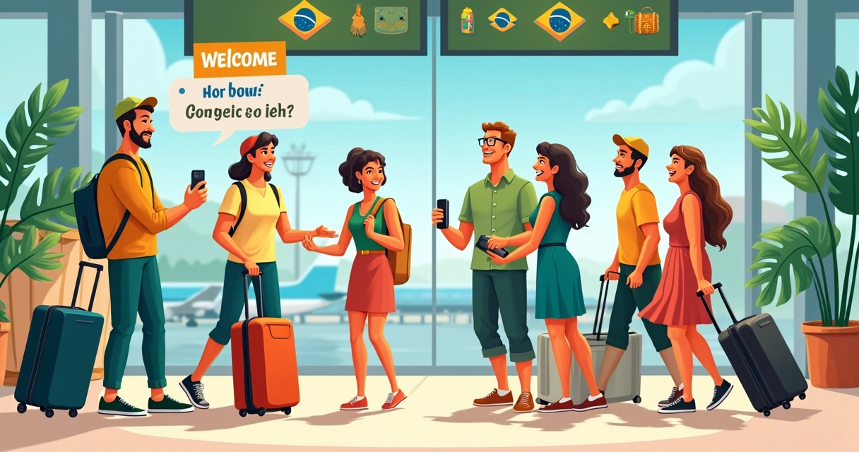 Grupo de turistas sendo recebidos por guia em aeroporto no Brasil 