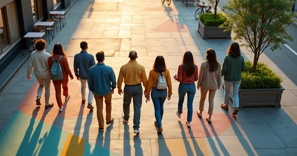Grupo diverso caminhando juntos em rua colorida da cidade vistos de cima 