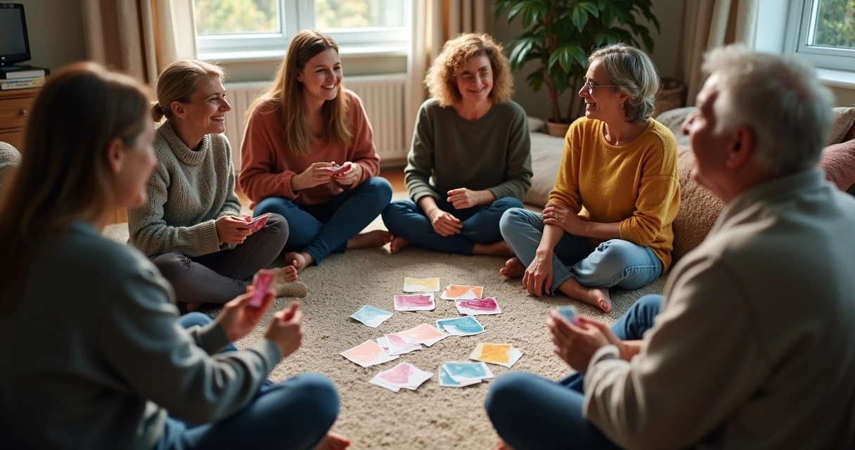 Pessoas sentadas em círculo usando cartas terapêuticas. 