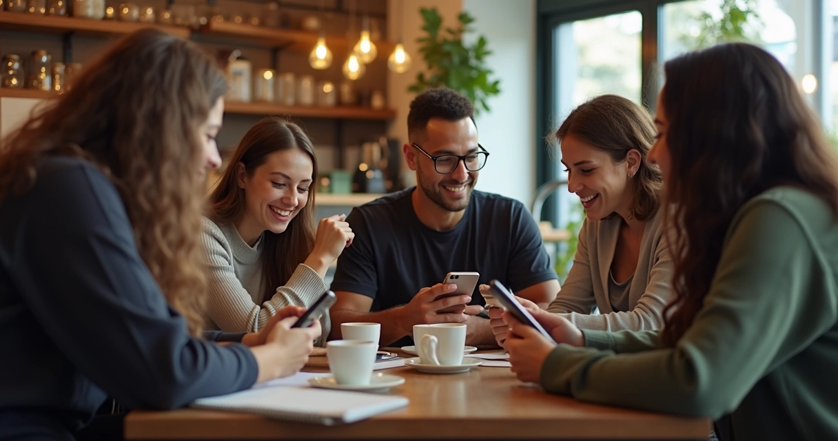Grupo de pessoas conversando sobre jogos em celulares