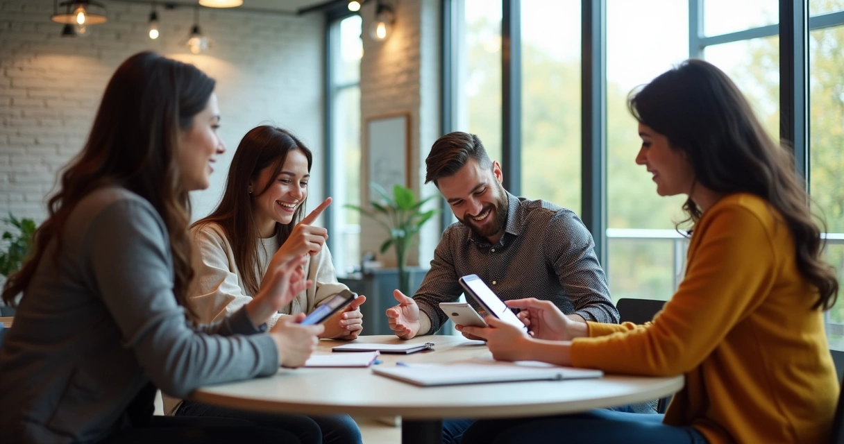 Varias personas probando app móvil en teléfonos sentados en círculo 