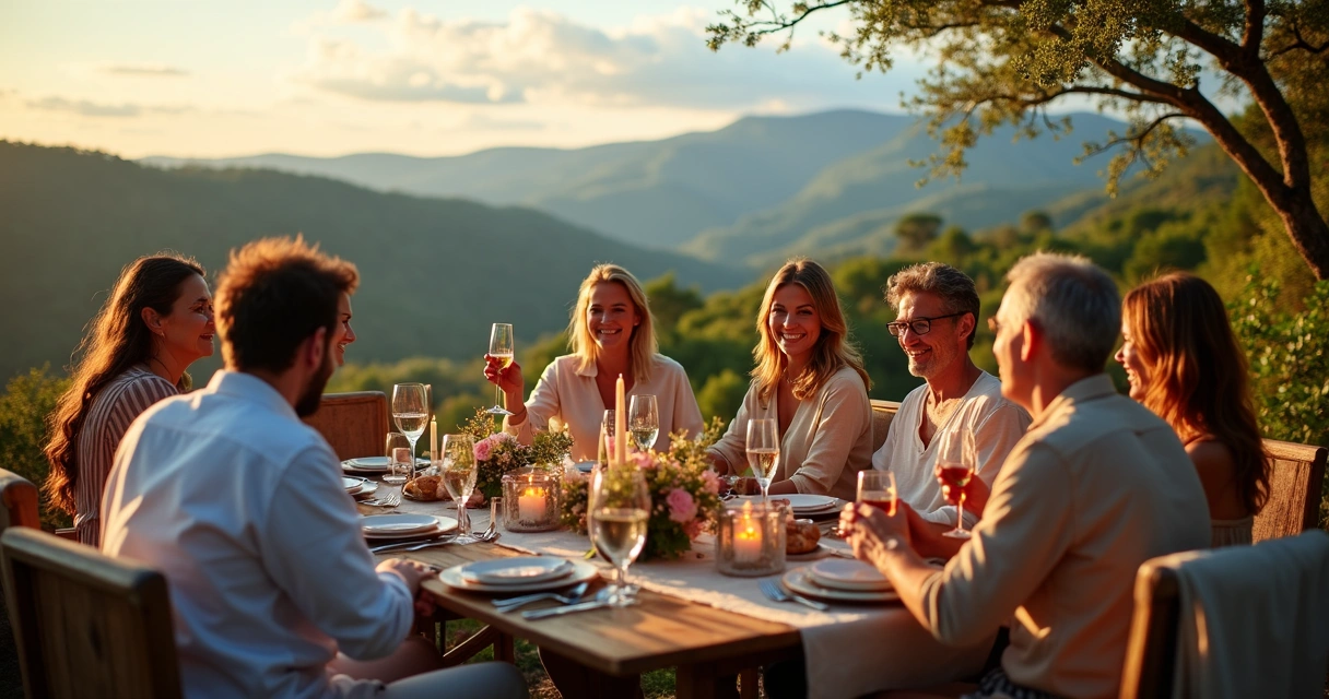 Grupo de pessoas aproveitando viagem exclusiva ao ar livre, com cenário natural e conforto 