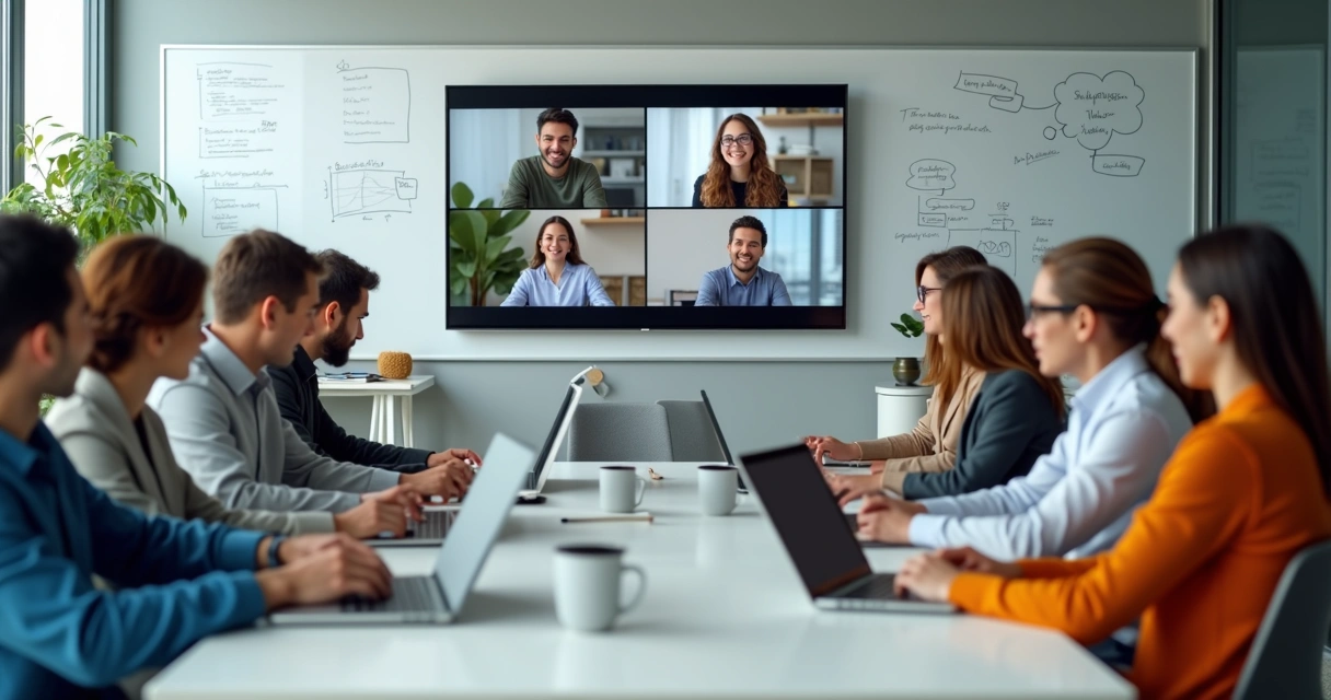 Pessoas reunidas em videoconferência em ambiente digital, com anotações em um quadro e laptops na mesa