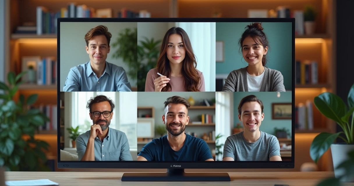 Grupo reunido em videoconferência com rostos mostrando emoções diversas