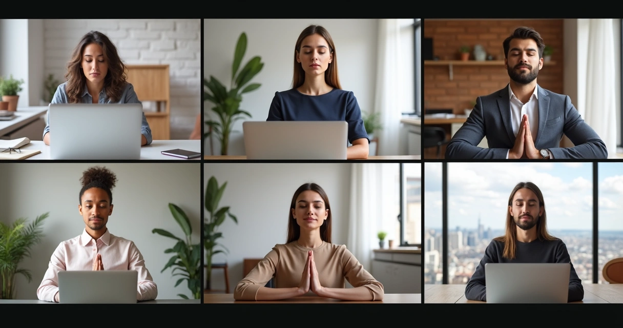 Grupo remoto em videoconferência praticando meditação