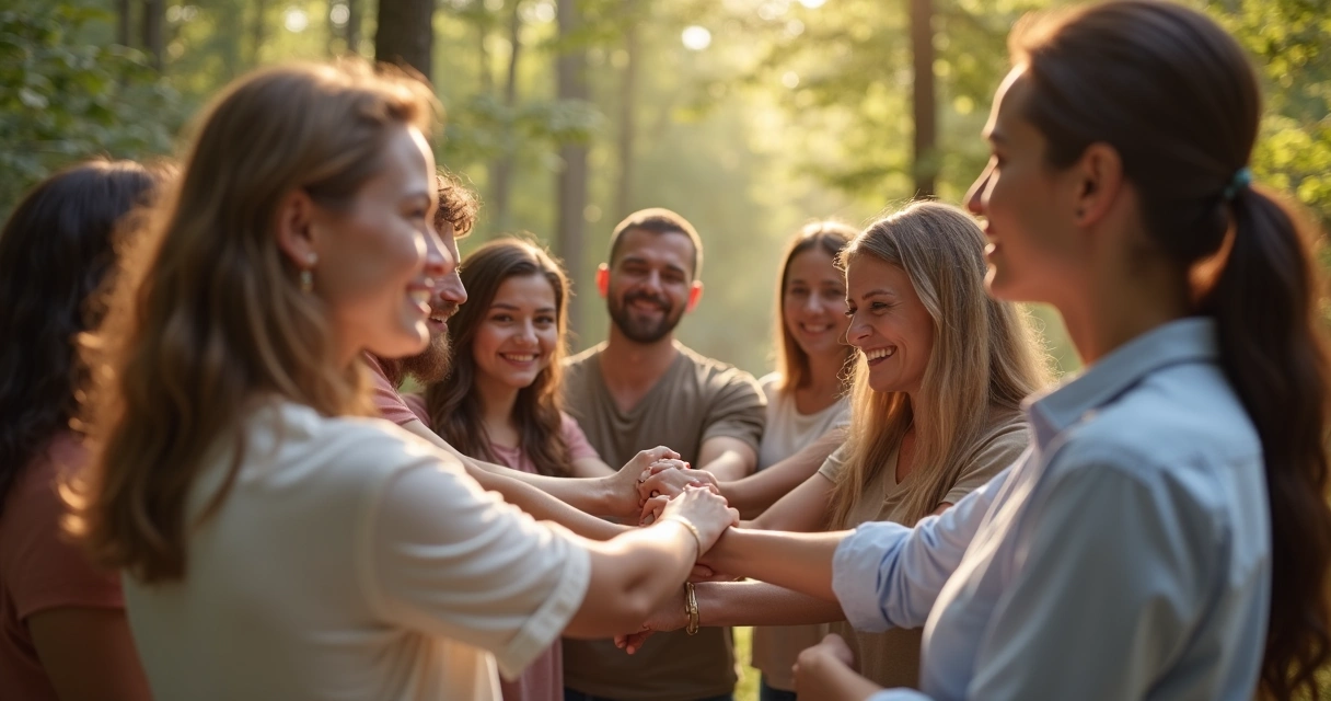 Pessoas de diferentes idades de mãos dadas formando círculo 