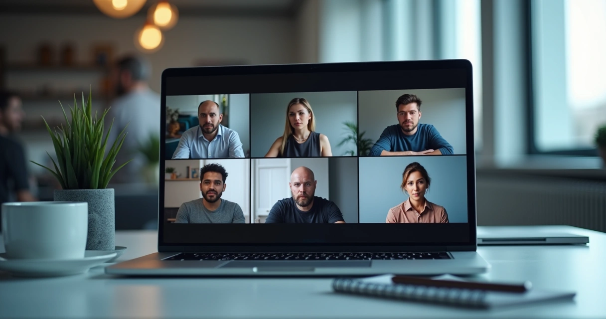 Pessoas em videoconferência com expressões fechadas e telas frias 