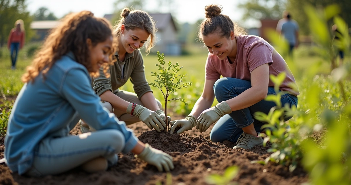 Grupo de voluntários trabalhando juntos em ambiente externo 