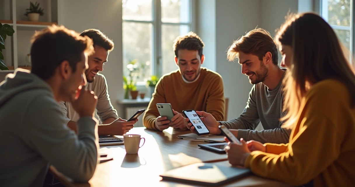 Pessoas reunidas olhando celular em grupo WhatsApp 