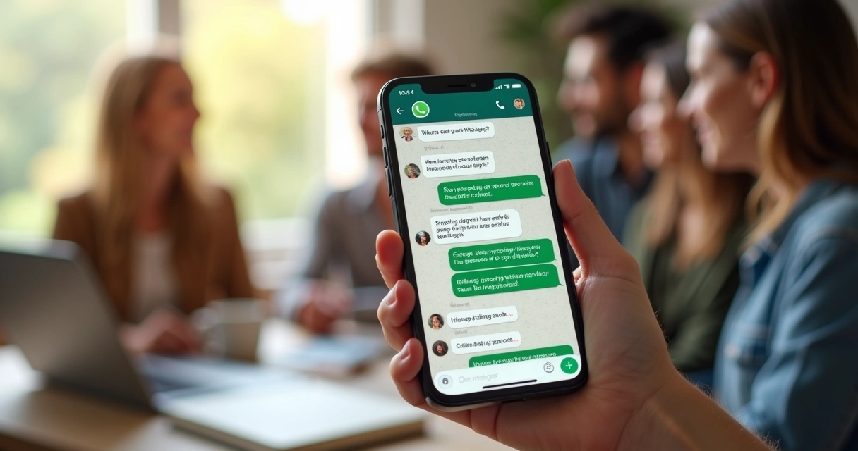 Grupo de WhatsApp aberto em um celular exibindo promoções e mensagens de achadinhos com pessoas interagindo no fundo 