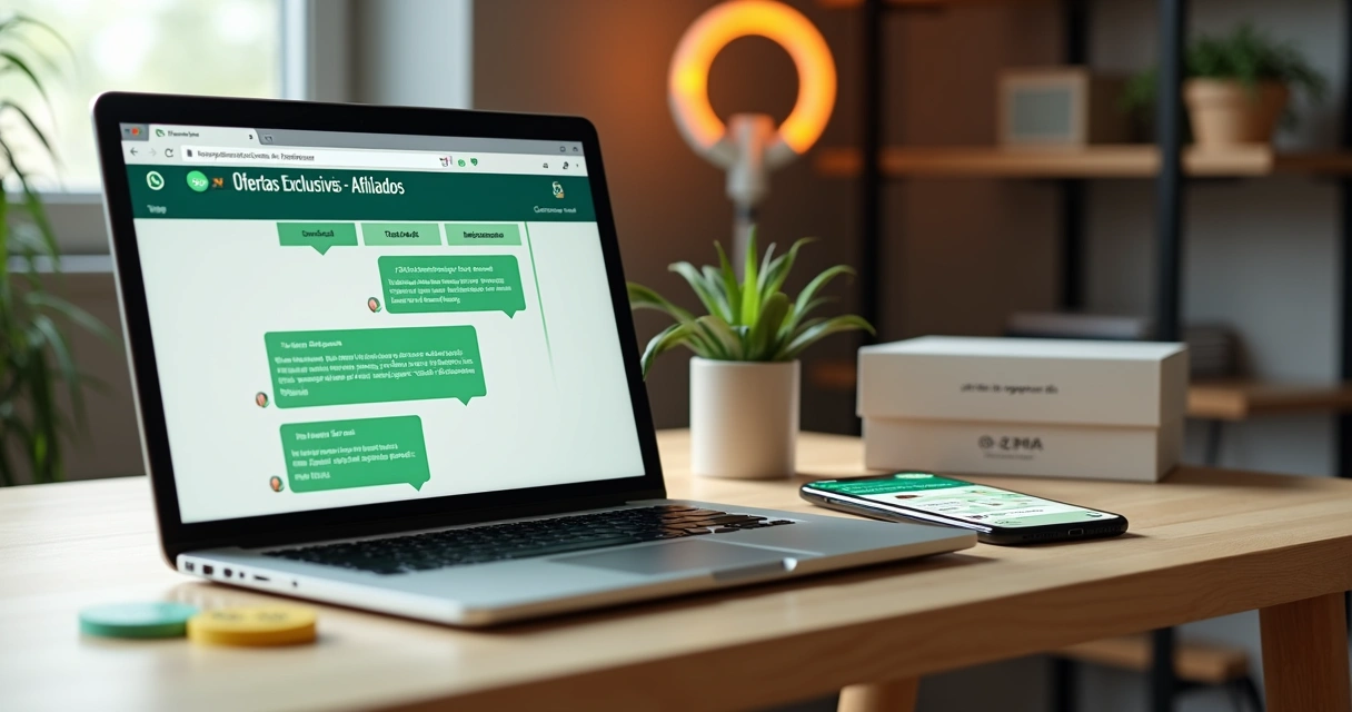Afiliado organizando grupo de ofertas de WhatsApp no notebook com painel de vendas 
