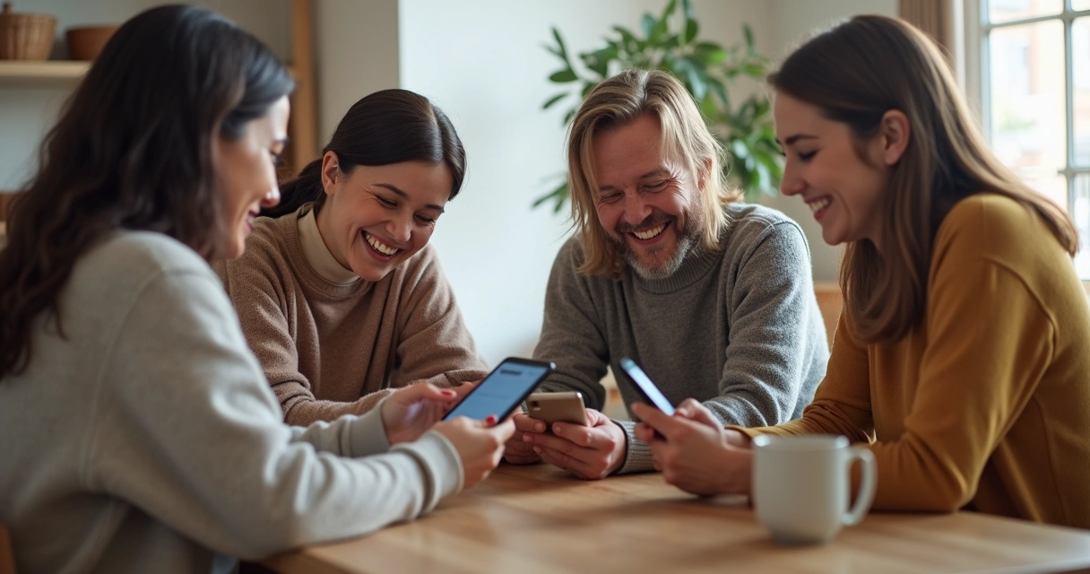 Grupo de amigos conversando ao redor de uma mesa usando celulares