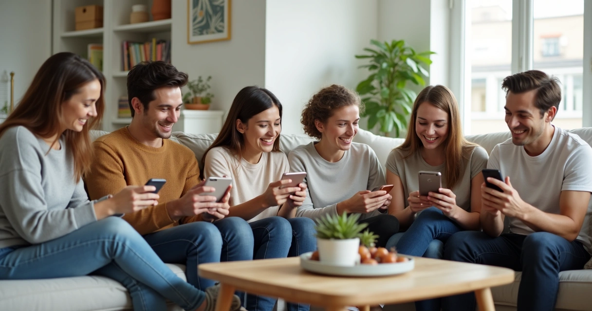 Grupo de pessoas sorrindo e conversando em círculo.