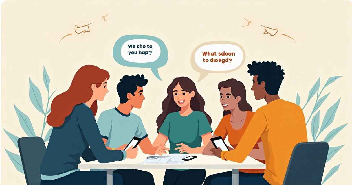 Grupo de alunos analisando arte de camiseta terceirão em celulares juntos numa mesa 