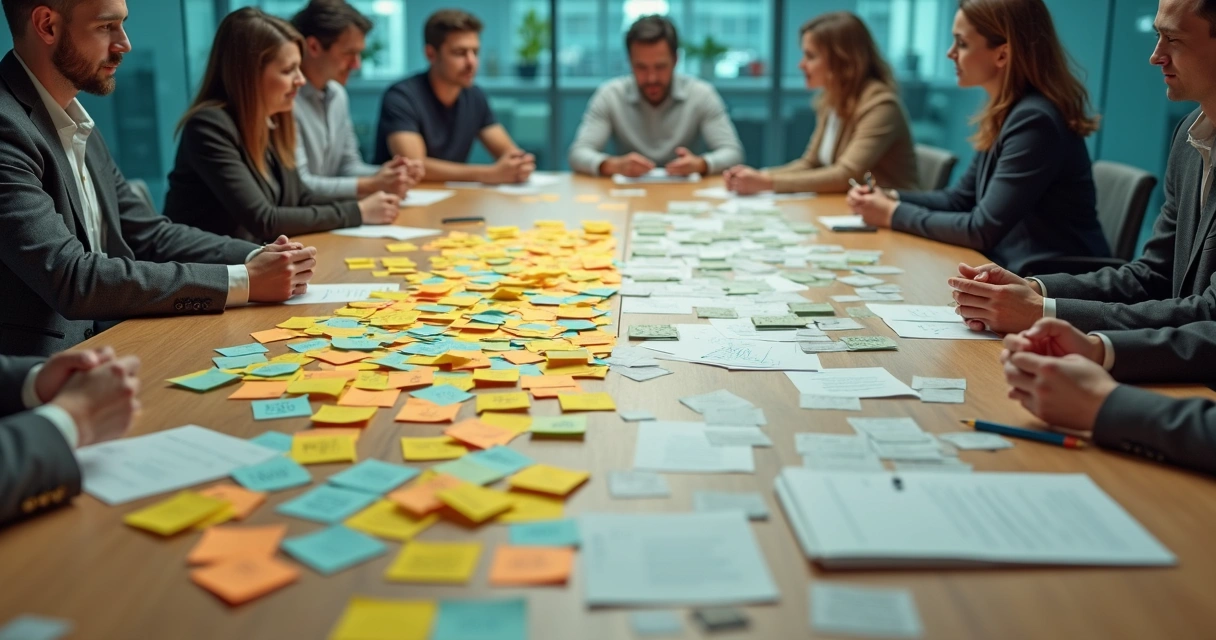 Mesa com muitas pessoas rodeadas por bilhetes bagunçados e ícones de mensagens se transformando em painéis organizados 