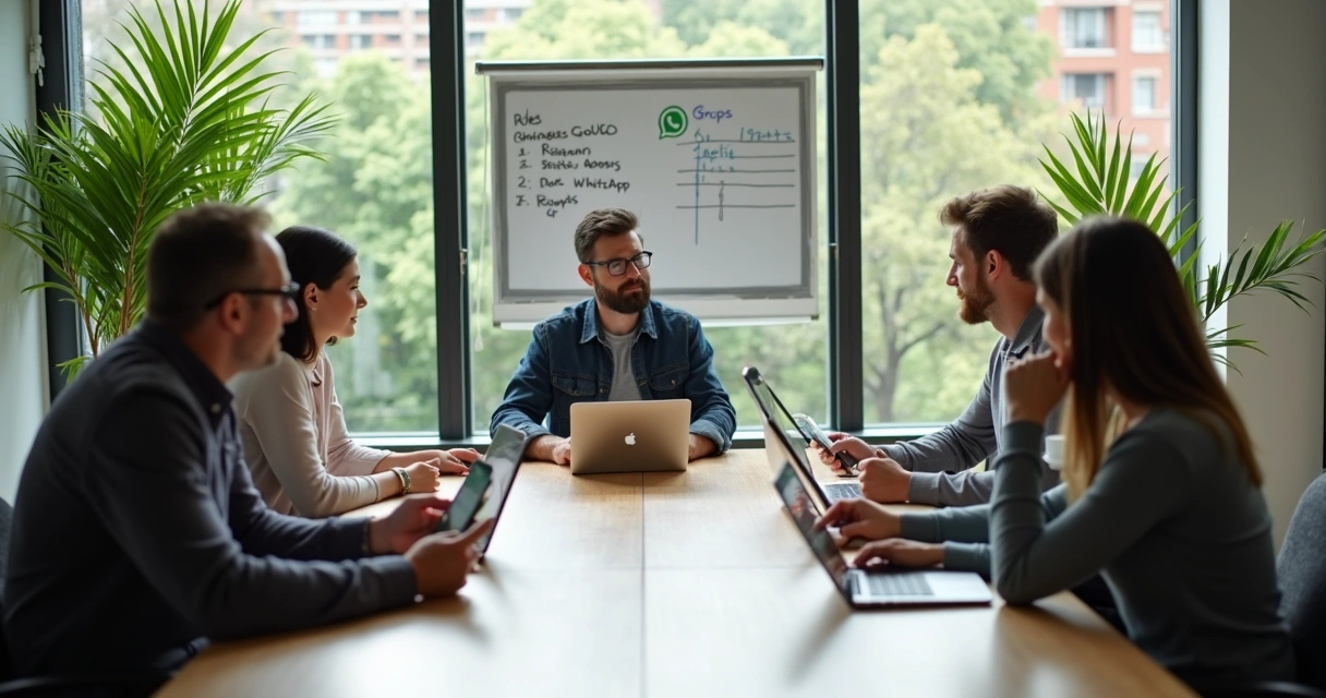 Moradores sentados organizando um grupo de WhatsApp de condomínio. 