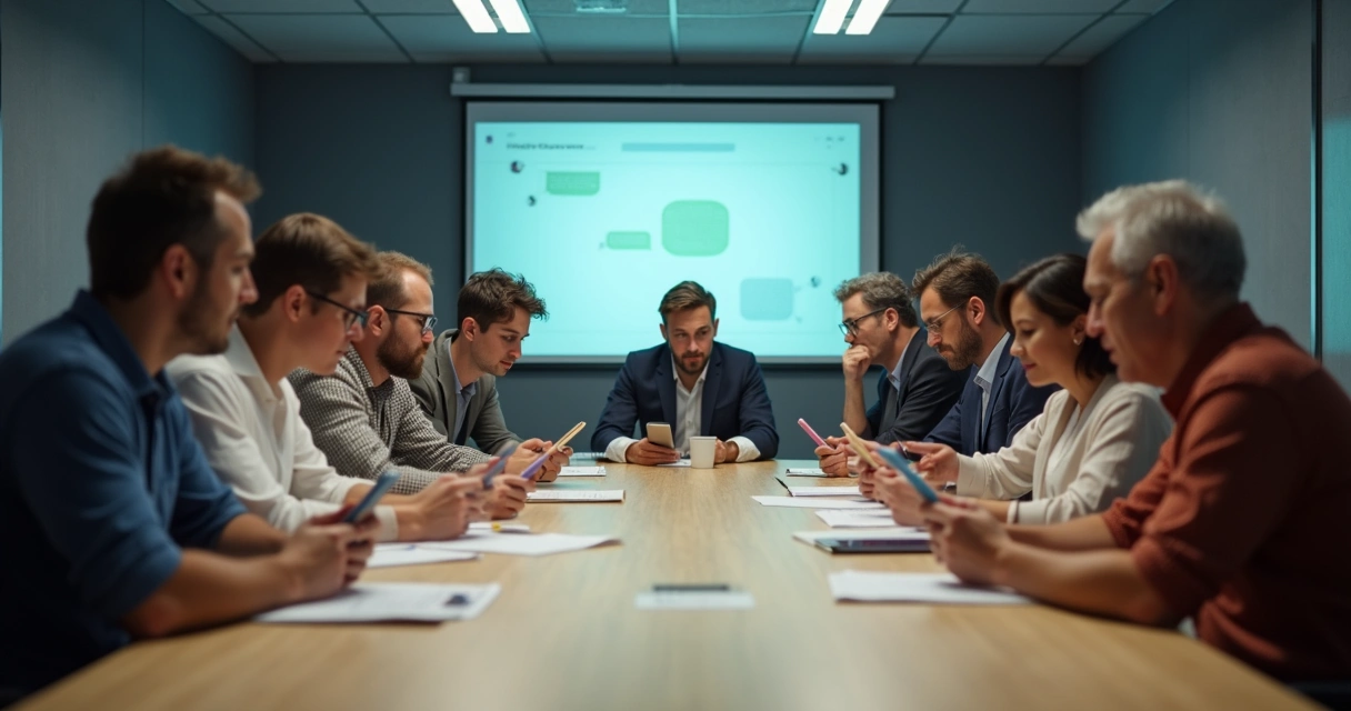 Grupo de pessoas em ambiente corporativo usando celulares