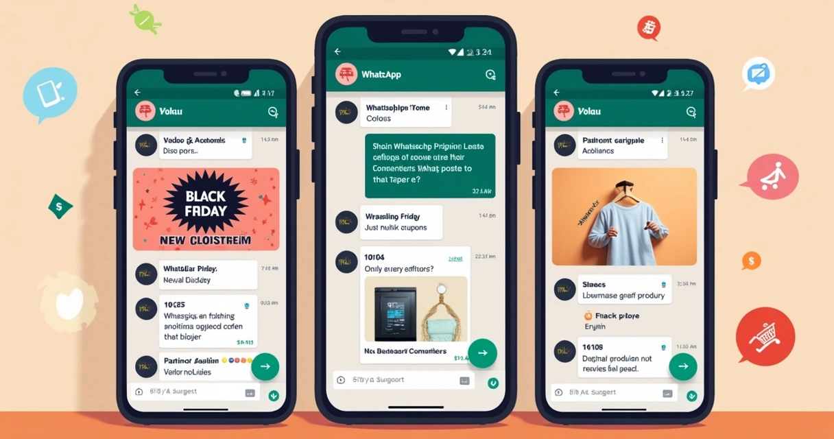 Celulares mostrando grupos de WhatsApp com listas de ofertas e cupons para Black Friday 