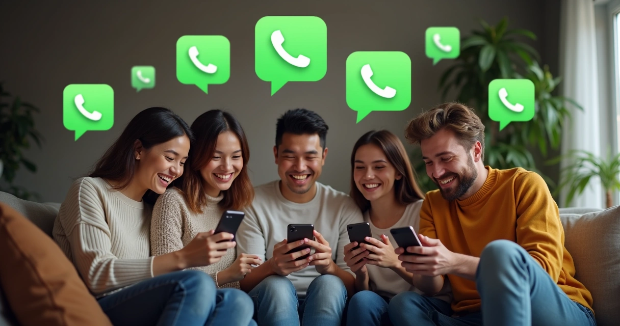 Grupo de WhatsApp com pessoas interagindo ativamente no celular com fundo neutro
