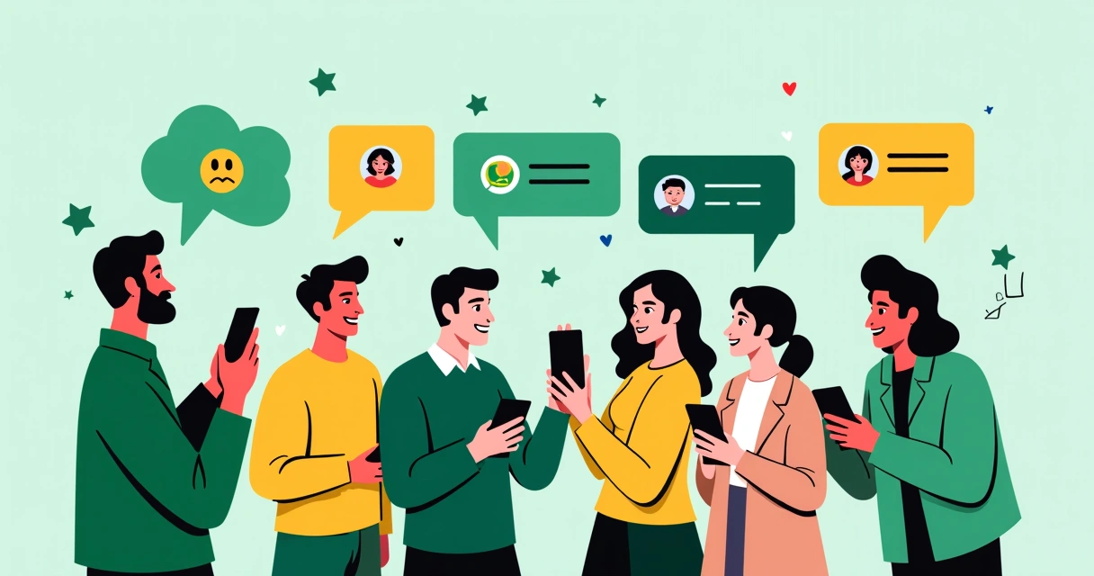 Influenciadores reunidos em um grupo de WhatsApp, trocando mensagens e ideias em um ambiente digital vibrante