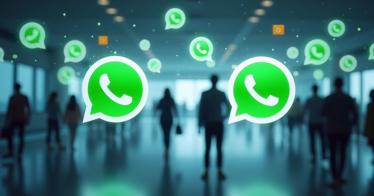 Pessoas migrando de um grupo de WhatsApp para outro em uma ilustração de interface digital 